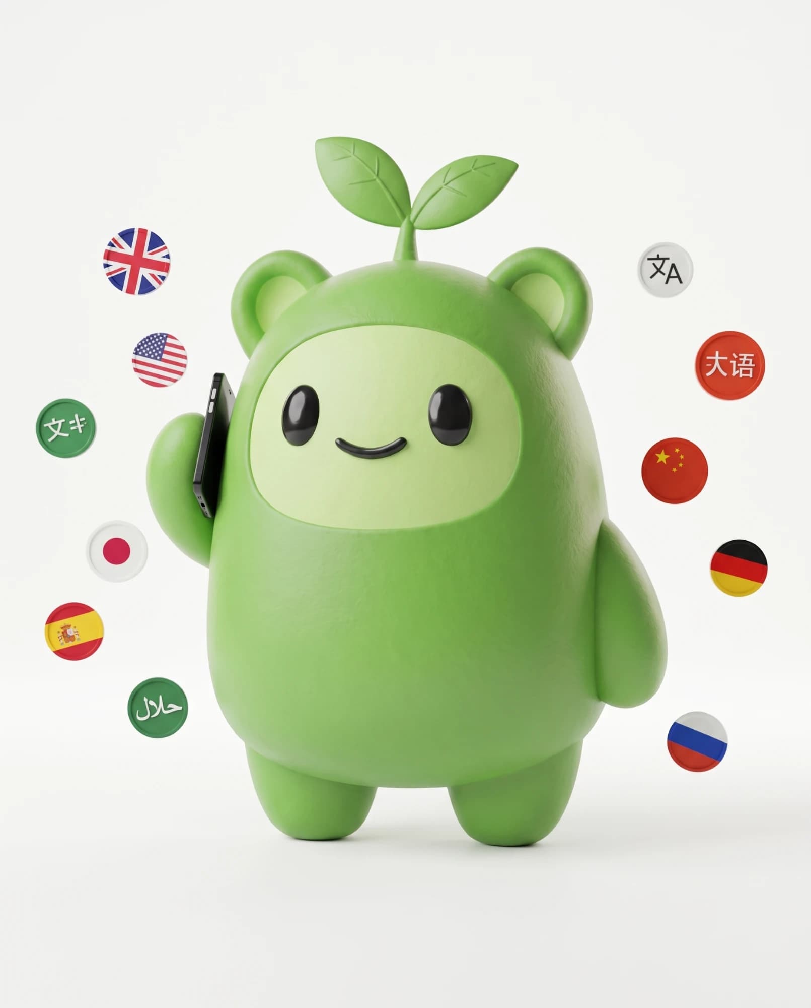 Growfy on a phone call surrounded by flags of many languages