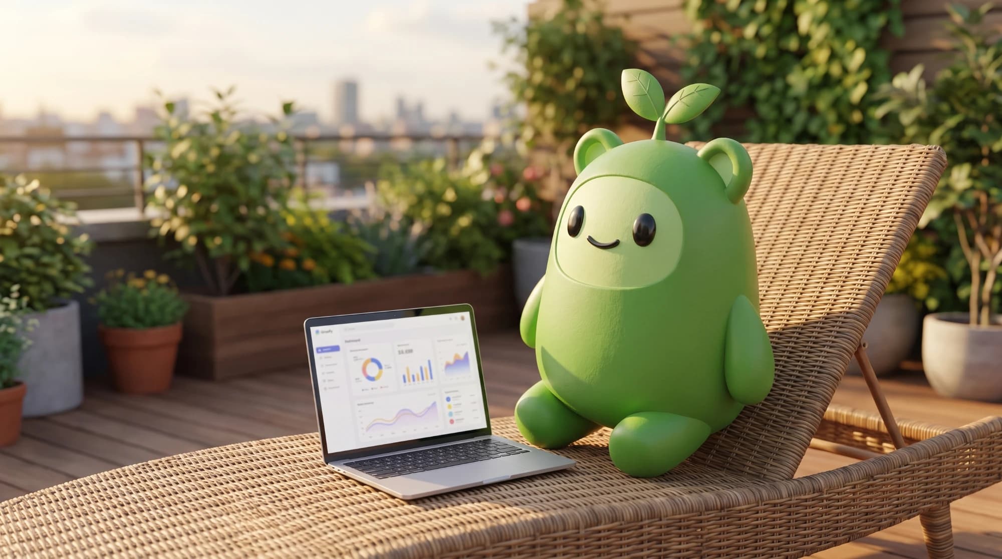 Growfy relaxing on a rooftop lounger next to a laptop showing sales charts